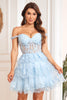 Load image into Gallery viewer, A Line Off the Shoulder Blue Corset Short Formal Dress with Lace