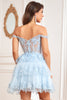 Load image into Gallery viewer, A Line Off the Shoulder Blue Corset Short Formal Dress with Lace