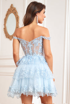 A Line Off the Shoulder Blue Corset Short Formal Dress with Lace