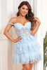 Load image into Gallery viewer, A Line Off the Shoulder Blue Corset Short Formal Dress with Lace