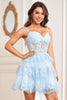 Load image into Gallery viewer, A Line Off the Shoulder Blue Corset Short Formal Dress with Lace