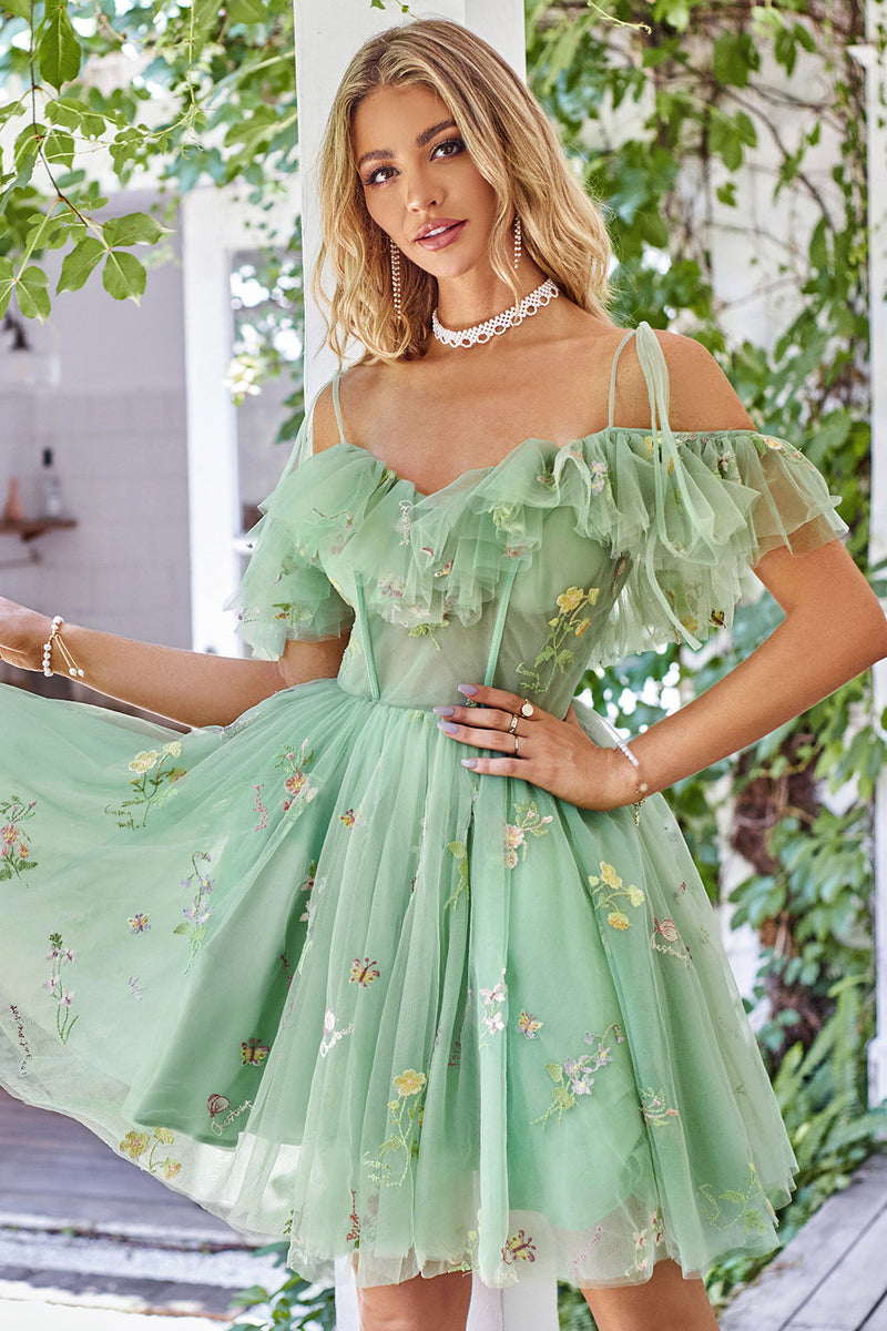 Load image into Gallery viewer, Off the Shoulder Ruffles Tulle Short Formal Dress with Embroidery