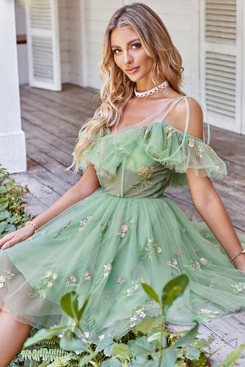 Off the Shoulder Ruffles Tulle Short Formal Dress with Embroidery