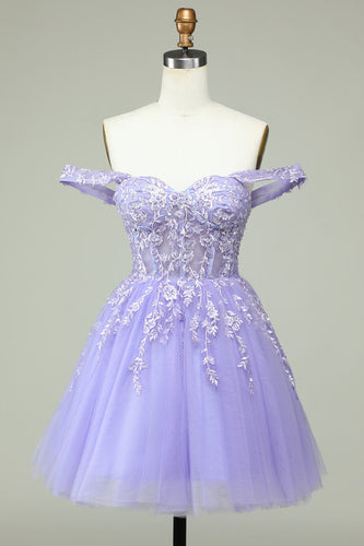 A Line Off the Shoulder Lilac Corset Short Formal Dress with Appliques