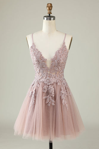 V-Neck Blush Beaded Short Formal Dress with Appliques