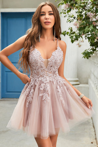 A Line Spaghetti Straps Blush Short Formal Dress with Criss Cross Back