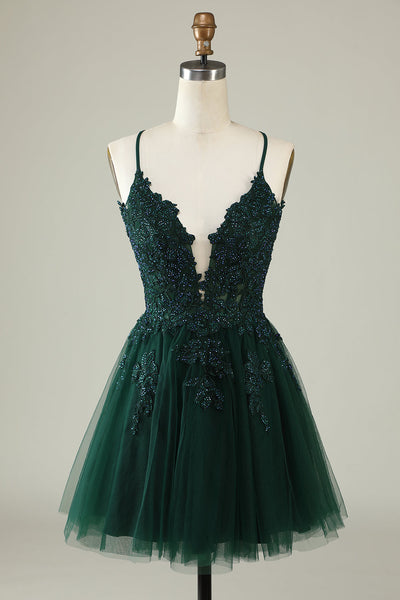 V-Neck Dark Green Beaded Short Formal Dress with Appliques