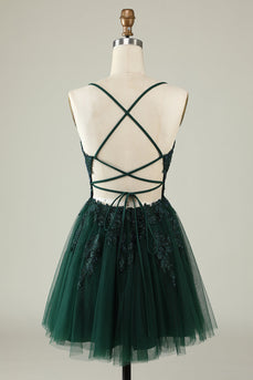 V-Neck Dark Green Beaded Short Formal Dress with Appliques