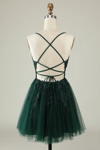 V-Neck Dark Green Beaded Short Formal Dress with Appliques