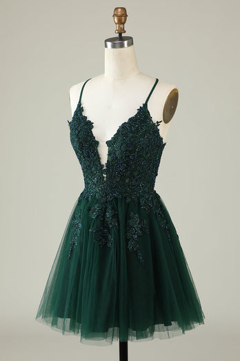 V-Neck Dark Green Beaded Short Formal Dress with Appliques