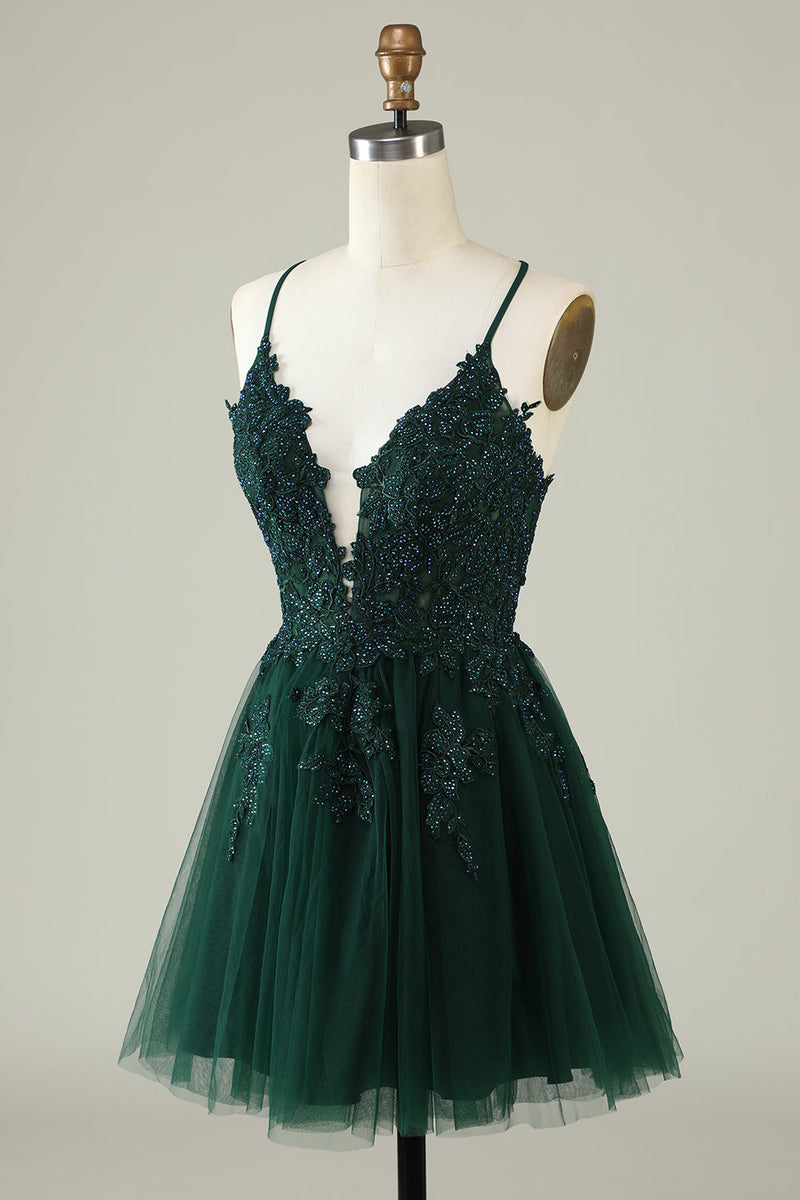 Load image into Gallery viewer, V-Neck Dark Green Beaded Short Formal Dress with Appliques