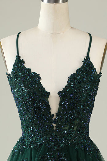 V-Neck Dark Green Beaded Short Formal Dress with Appliques