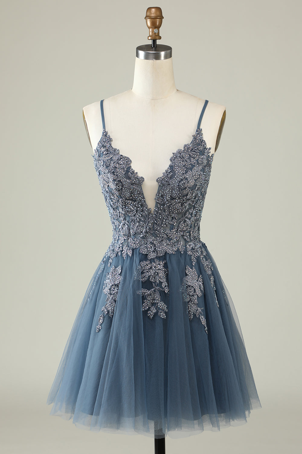 V-Neck Grey Blue Beaded Short Formal Dress with Appliques