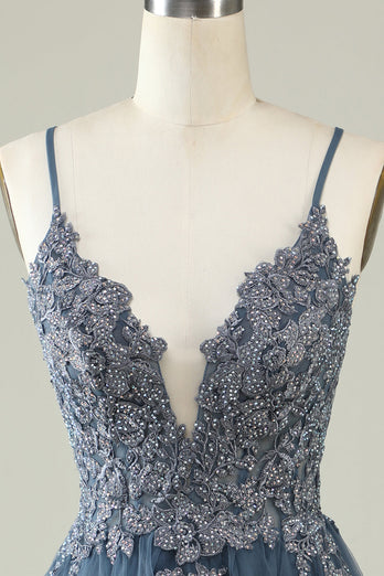 V-Neck Grey Blue Beaded Short Formal Dress with Appliques