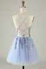 Load image into Gallery viewer, V-Neck Grey Blue Beaded Short Formal Dress with Appliques