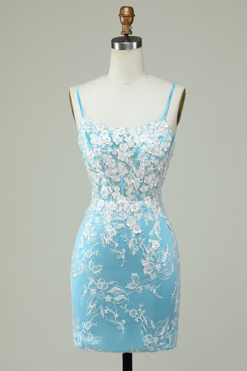 Load image into Gallery viewer, Sheath Spaghetti Straps Light Blue Short Formal Dress with Appliques