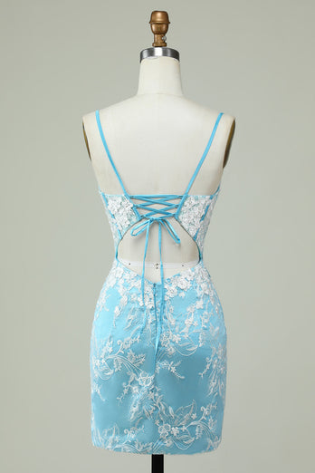 Sheath Spaghetti Straps Light Blue Short Formal Dress with Appliques