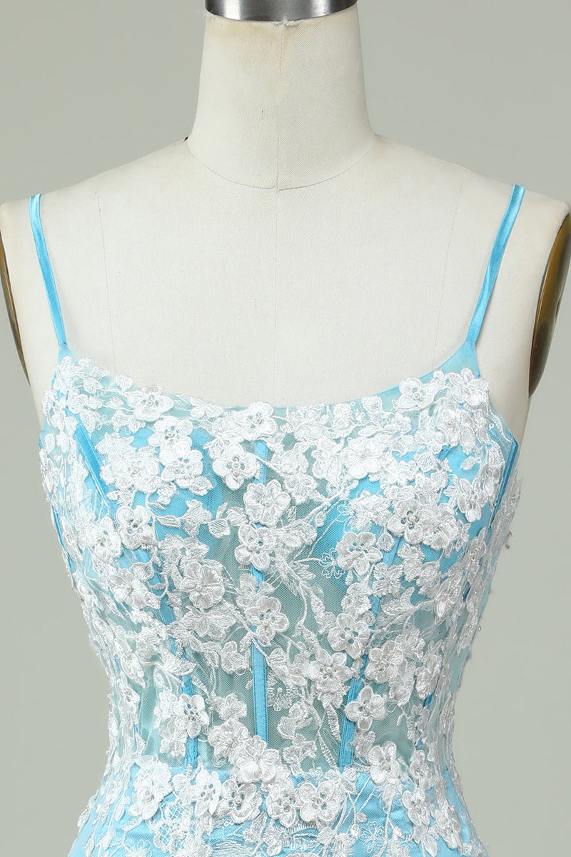 Load image into Gallery viewer, Sheath Spaghetti Straps Light Blue Short Formal Dress with Appliques