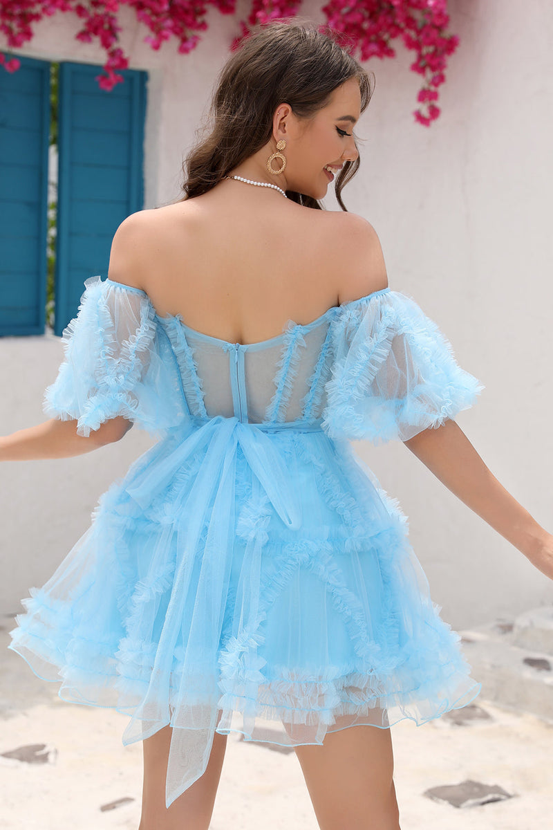 Load image into Gallery viewer, Blue Tulle Off The Shoulder Short Formal Dress