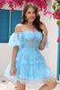 Load image into Gallery viewer, Blue Tulle Off The Shoulder Short Formal Dress