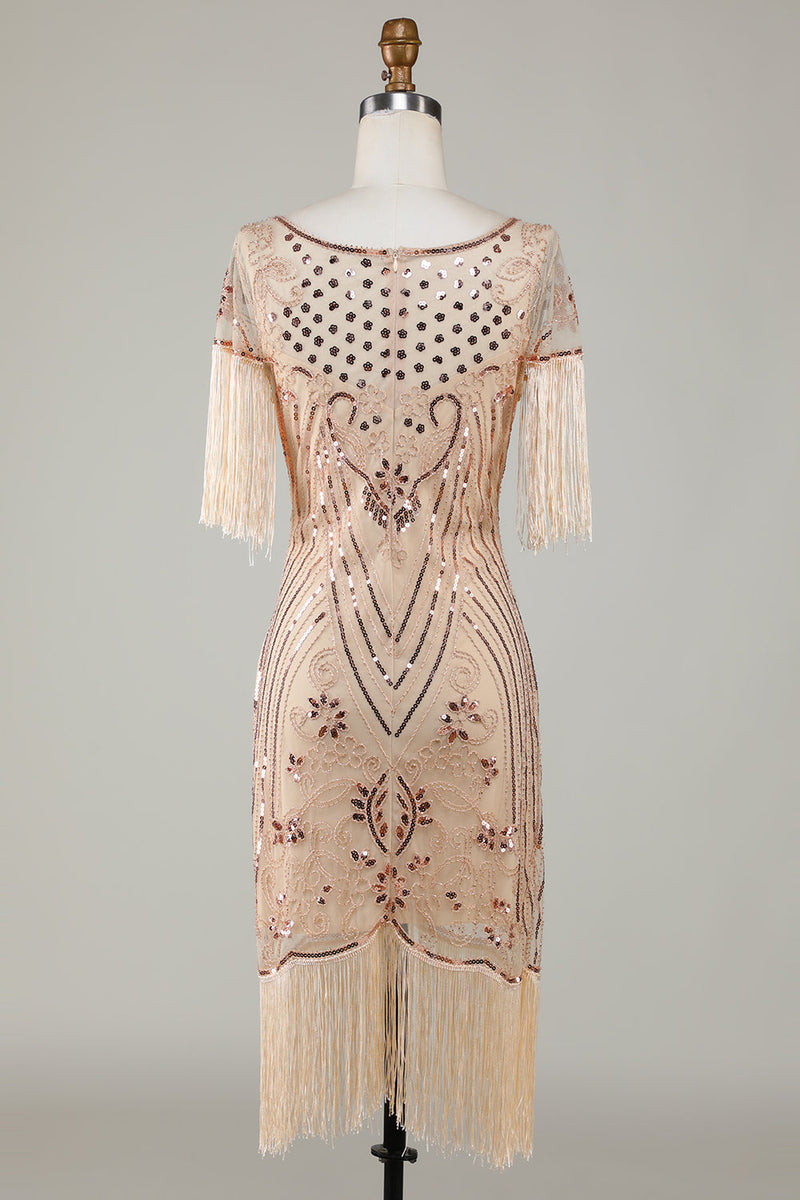 Load image into Gallery viewer, Boat Neck Sequins Champagne Roaring 20s Gatsby Fringed Flapper Dress