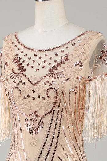 Boat Neck Sequins Champagne Roaring 20s Gatsby Fringed Flapper Dress