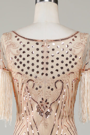 Boat Neck Sequins Champagne Roaring 20s Gatsby Fringed Flapper Dress