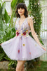 Load image into Gallery viewer, Purple Deep V Neck Open Back Short Formal Dress With 3D Flowers