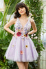 Load image into Gallery viewer, Purple Deep V Neck Open Back Short Formal Dress With 3D Flowers