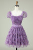 Load image into Gallery viewer, Floral A Line Purple Short Formal Dress with Ruffles