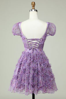 Floral A Line Purple Short Formal Dress with Ruffles