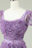 Load image into Gallery viewer, Floral A Line Purple Short Formal Dress with Ruffles