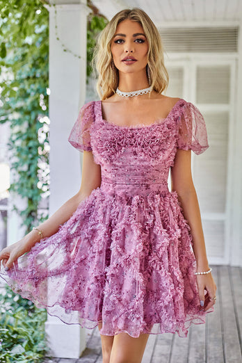 Floral A Line Purple Short Formal Dress with Ruffles