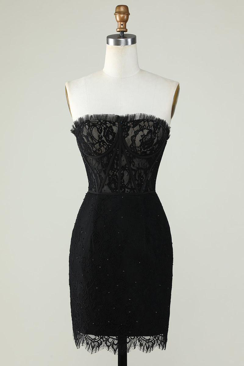 Load image into Gallery viewer, Strapless Black Short Formal Dress with Beading