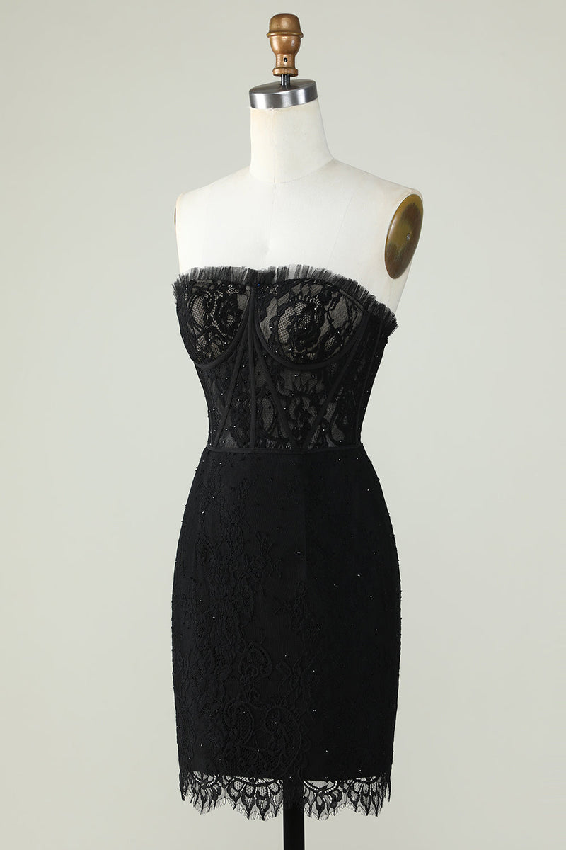 Load image into Gallery viewer, Strapless Black Short Formal Dress with Beading