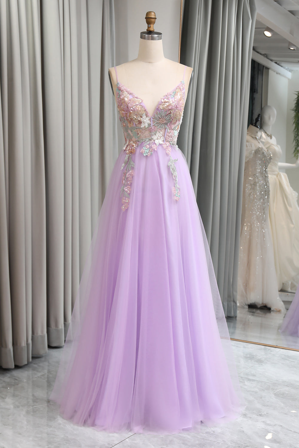 Lilac Tulle A Line Appliques Long Formal Dress With Slit