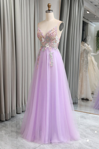 Lilac Tulle A Line Appliques Long Formal Dress With Slit