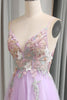 Load image into Gallery viewer, Lilac Tulle A Line Appliques Long Formal Dress With Slit