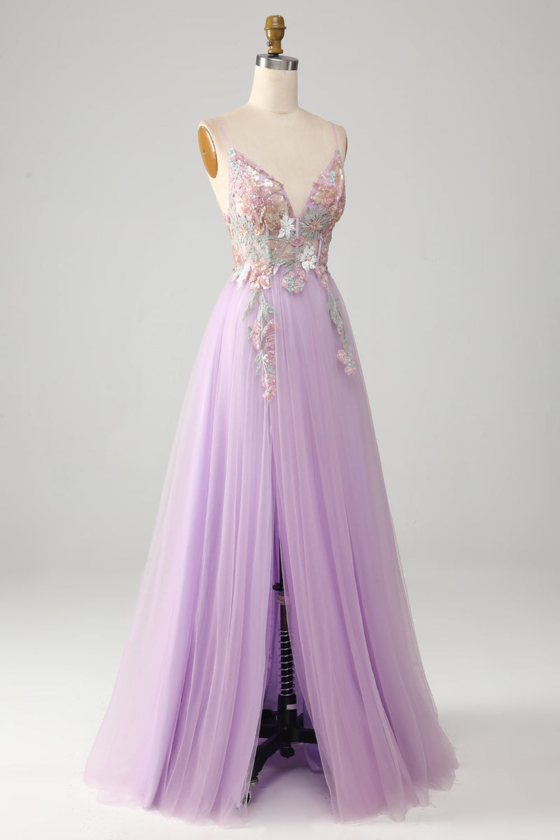 Load image into Gallery viewer, Glitter A-Line Spaghetti Straps Lilac Long Formal Dress with Flowers