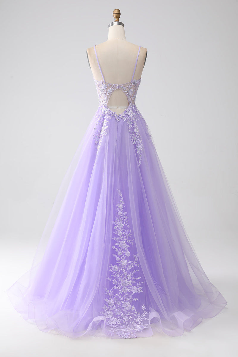 Load image into Gallery viewer, Lilac A-Line Spaghetti Straps Tulle Long Formal Dress with Appliques