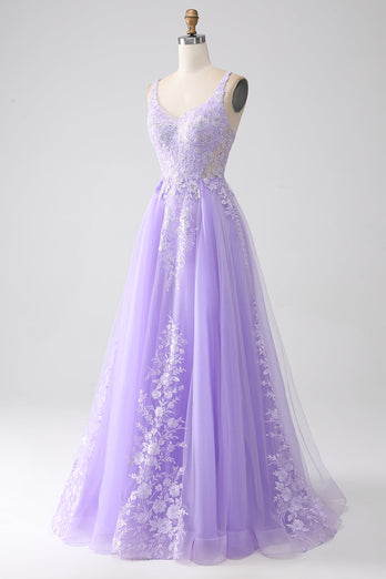 Lilac A-Line Spaghetti Straps Tulle Long Formal Dress with Appliques