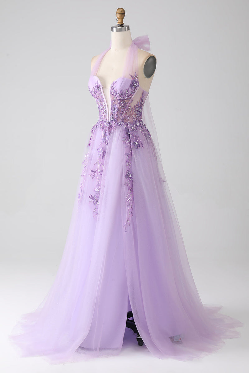 Load image into Gallery viewer, Grey Purple A-Line Halter Neck Beaded Long Formal Dress