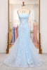 Load image into Gallery viewer, Blue Mermaid Spaghetti Straps Long Formal Dress With Appliques