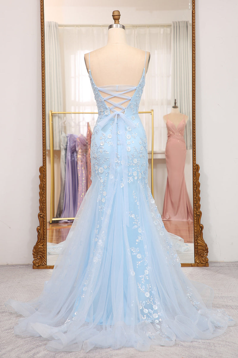 Load image into Gallery viewer, Blue Mermaid Spaghetti Straps Long Formal Dress With Appliques