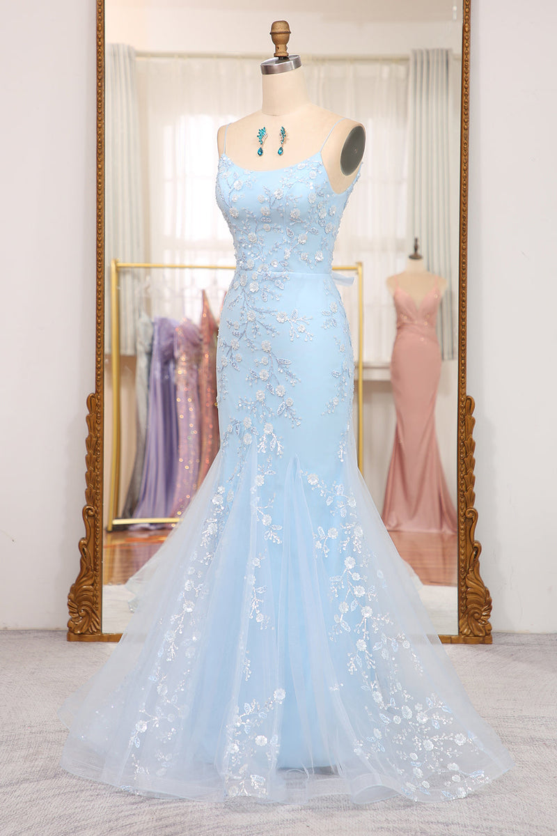 Load image into Gallery viewer, Blue Mermaid Spaghetti Straps Long Formal Dress With Appliques