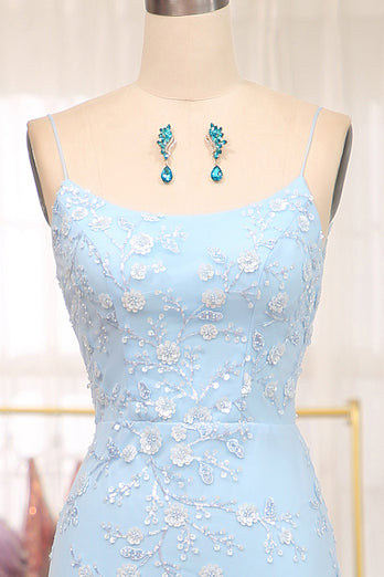 Blue Mermaid Spaghetti Straps Long Formal Dress With Appliques