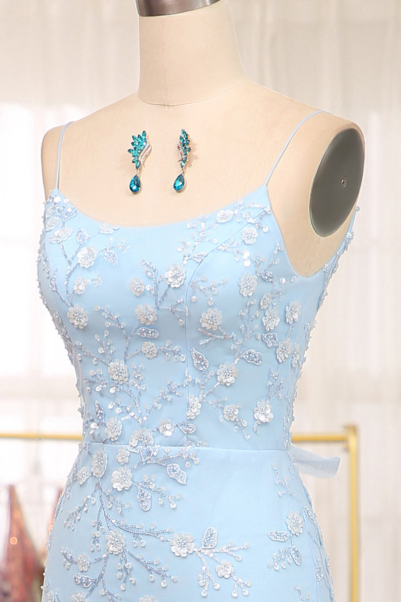 Load image into Gallery viewer, Blue Mermaid Spaghetti Straps Long Formal Dress With Appliques