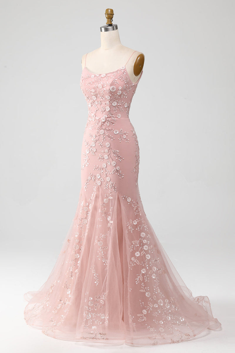 Load image into Gallery viewer, Mermiad Blush Spaghetti Straps Formal Dress with Appliques