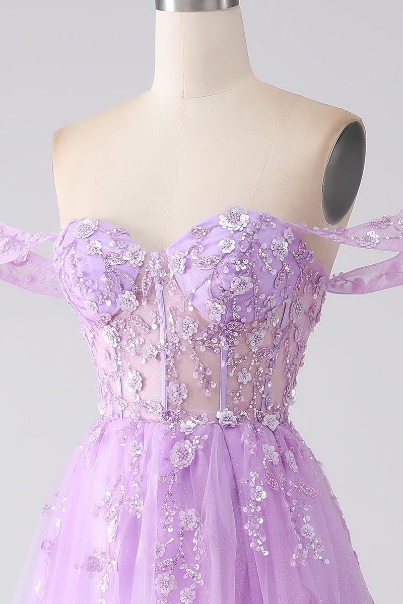 Load image into Gallery viewer, Lilac A-Line Off The Shoulder Beaded Corset Formal Dress