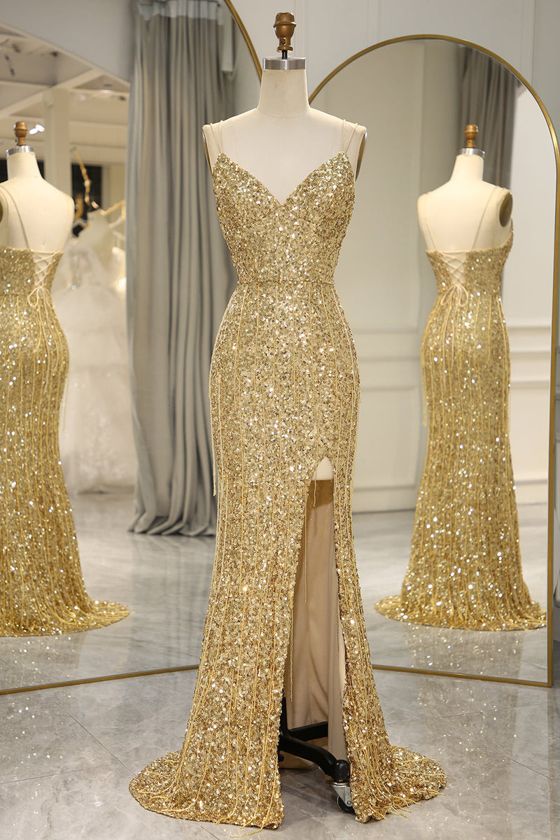 Load image into Gallery viewer, Sparkly Golden Mermaid Backless Long Formal Dress With Slit